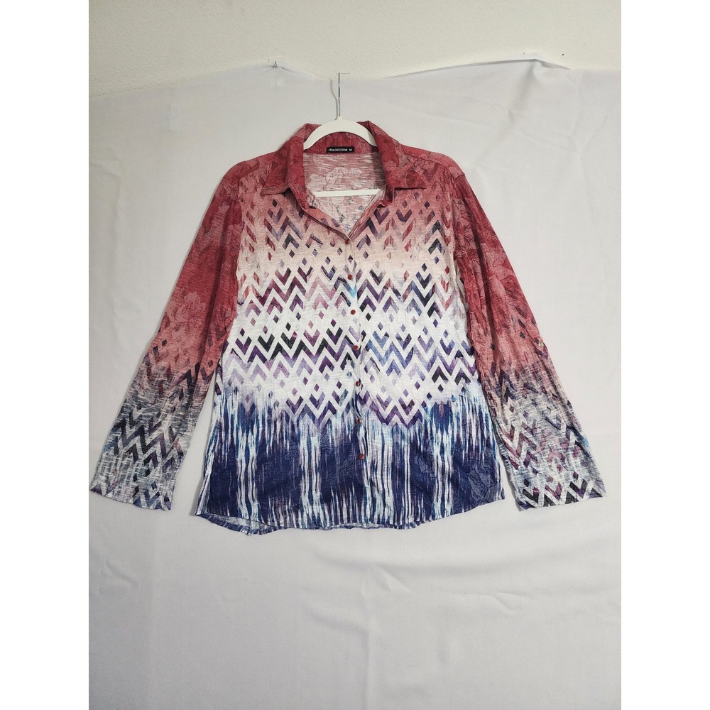 David Cline Womens Red‎ Purple Blue Ikat Chevron Button Down Top Size M 4800